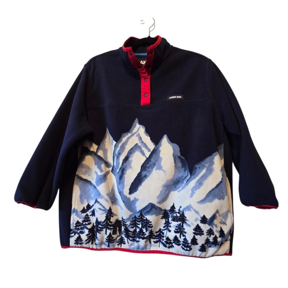 Lands End Mountain Scene Fleece T-Snap Women's PL 14-16 Blue Red Outdoor Hiking